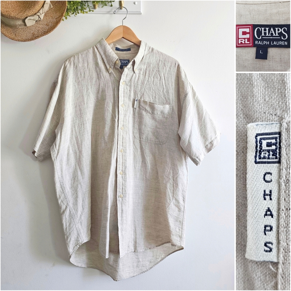 Chaps Ralph Lauren Men’s Large Linen Blend Button Down Shirt Beige Short Sleeve